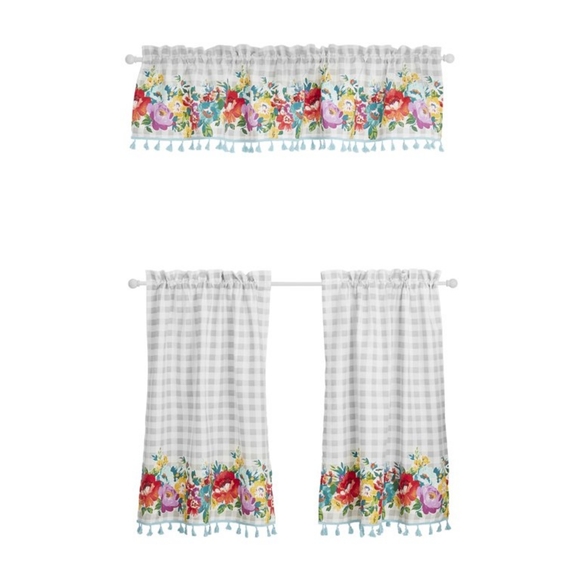 🌺 New Pioneer Woman Sweet Romance Blossoms Gray Gingham Floral Kitchen Curtains - Picture 4 of 6